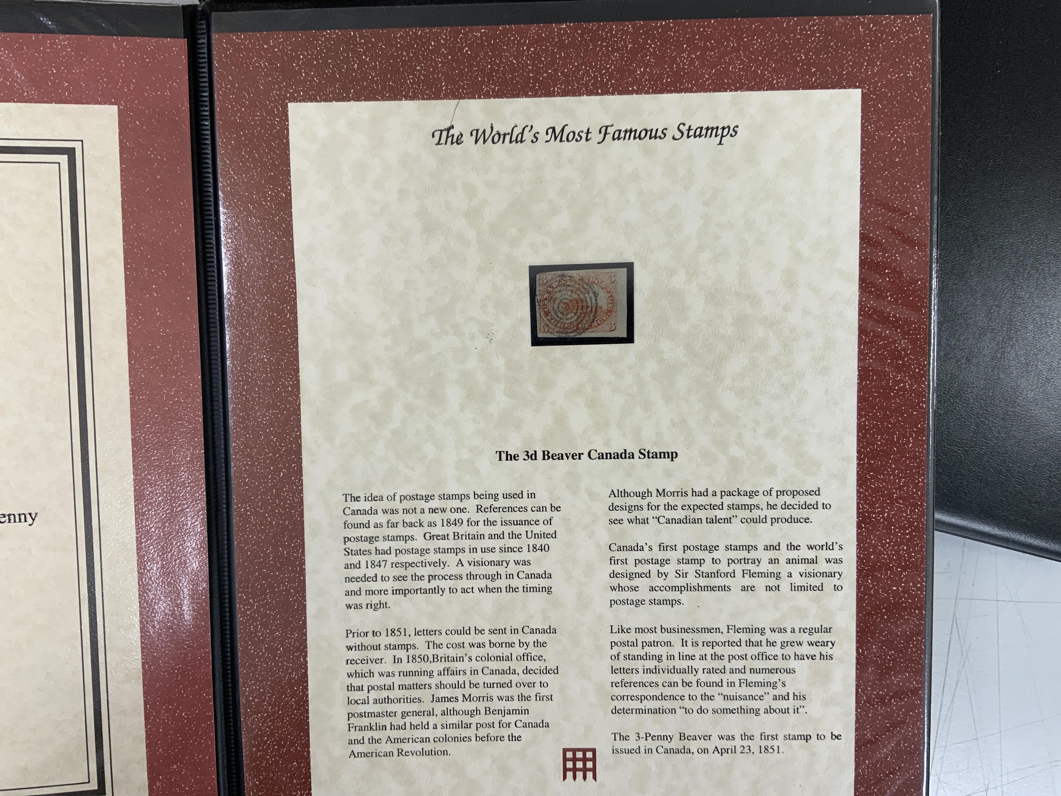 Five presentation folders of stamps issued by the Westminster collection as part of The World’s Most Famous Stamps and Philatelic Classics series including; a USA 1847 letter with 5c stamp, the 3d Beaver Canada stamp, tw